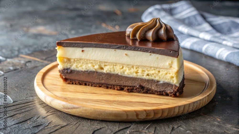 Aufkleber A slice of layered chocolate cake topped with a swirl of chocolate frosting resting on a round wooden serving platter