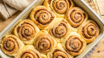 Fototapeta premium A close-up view of a baking dish filled with freshly baked cinnamon rolls, their golden-brown surfaces glistening with sugary glaze, a tantalizing aroma of warm spices filling the air.