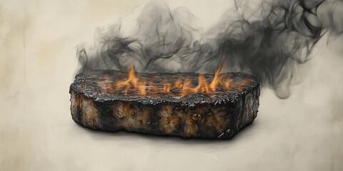 Stylized illustration of a overcooked steak, with heavy smoke and curling flames, presenting harm to health, Generative AI 
