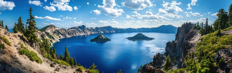 Experience the stunning panoramic beauty of Crater Lake National Park under a clear blue sky during the day