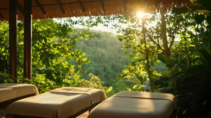 Fototapeta premium A serene outdoor spa setting with massage tables surrounded by lush greenery and gentle sunlight filtering through the trees.