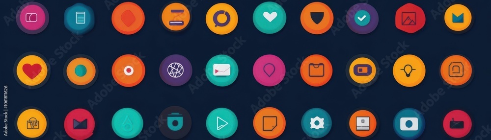 Poster A vibrant collection of circular icons representing various social media platforms and functions on a dark background.