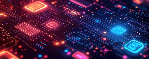 Obraz premium A vibrant digital network with colorful nodes and connections, showcasing advanced technology and data flow in a futuristic design.