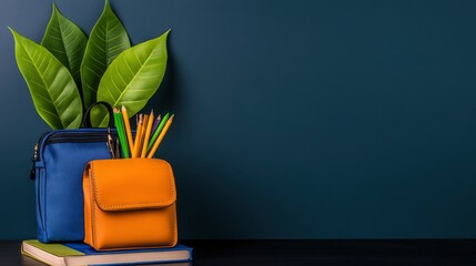 Colorful Pencils in Orange and Blue Pencil Cases with Green Leaves on Dark Blue Background