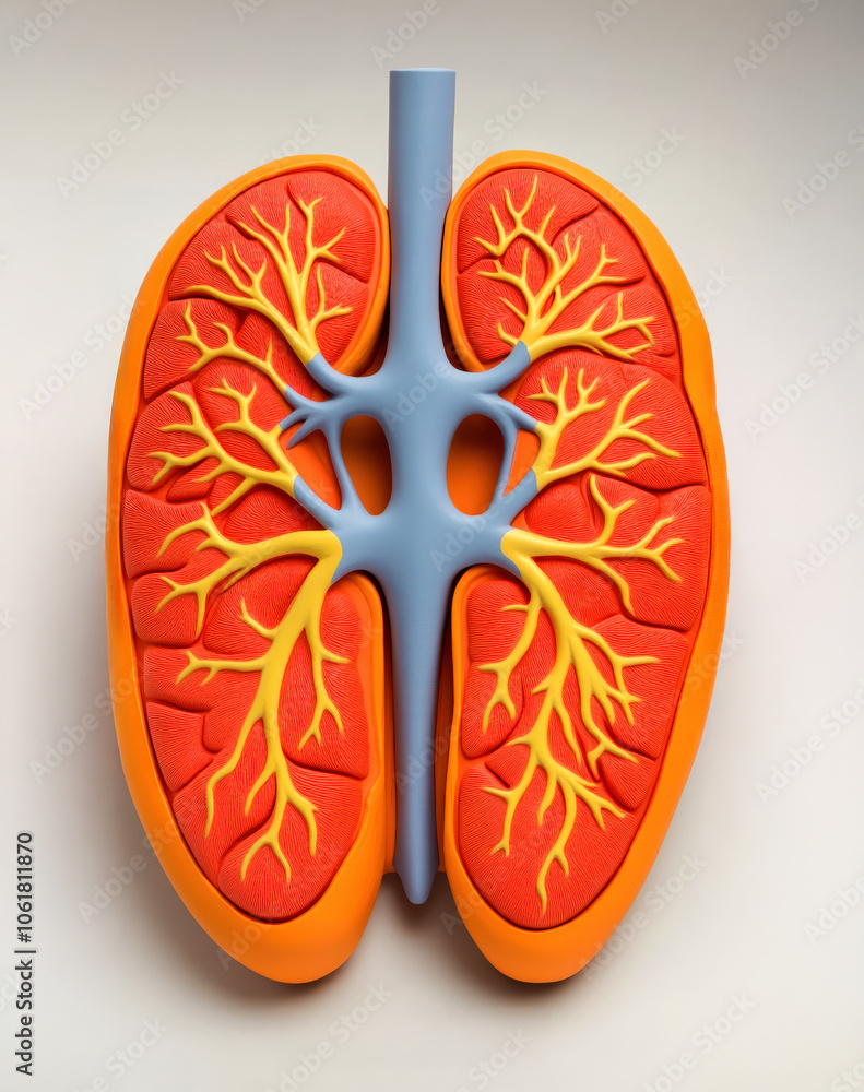 Poster a vibrant model of human lungs, showcasing intricate bronchial structures and alveoli, illustrating 