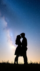Silhouettes of a young couple in love under the starry sky with milky way isolated with white highlights, png