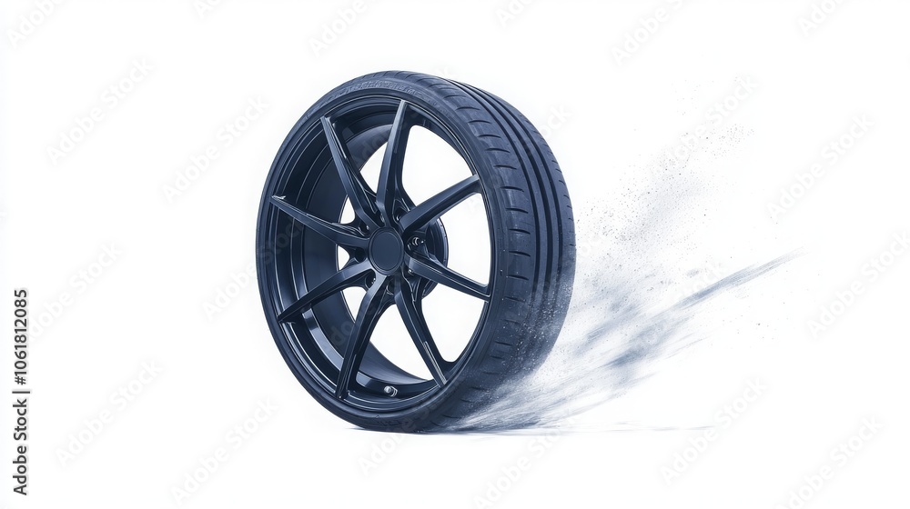 Poster a sleek black car tire spins swiftly, creating a cloud of dust, emphasizing speed and performance on