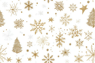 Golden snowflakes and stars create festive Christmas pattern on white background, evoking sense of holiday cheer and elegance