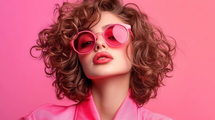 Portrait of a Young Woman with Curly Hair and Pink Sunglasses