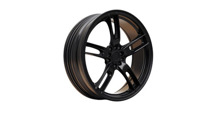 Obraz premium A sleek, black alloy wheel with a modern design, showcasing its contours and finish against a white background.