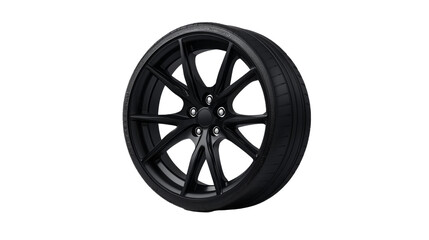 A sleek, black alloy wheel showcasing a modern design and performance-oriented tire, set against a white background.