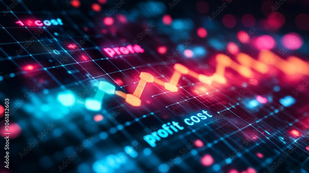 Poster exploring profits and costs: a visual journey through data trends and digital analysis in finance.