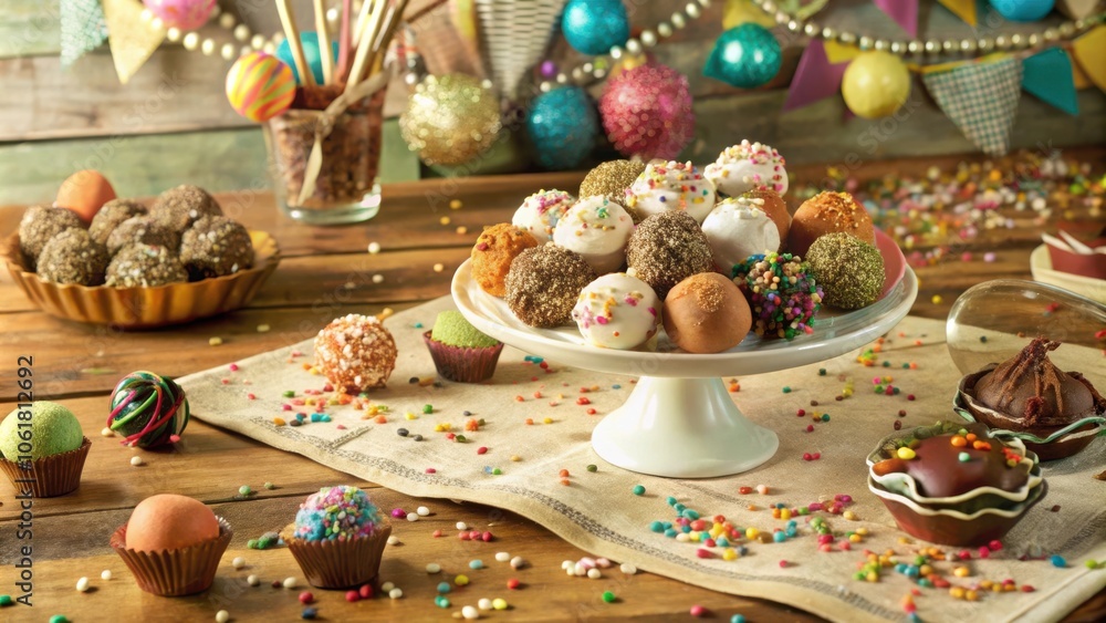 Poster A festive table setting with a variety of colorful chocolates and candy on a white cake stand, surrounded by colorful sprinkles and a rustic wooden table
