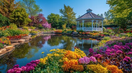 Obraz premium A vibrant spring day at Powell Garden showcasing colorful blooms around a tranquil gazebo and pond