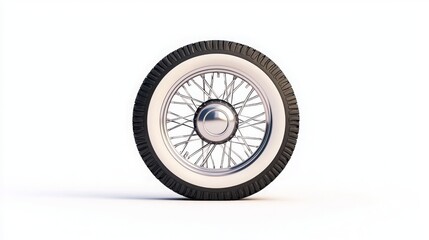 A classic vintage car wheel with intricate spokes and a whitewall tire, emphasizing elegant automotive design and craftsmanship.