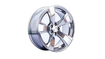 Fototapeta premium A shiny, chrome alloy wheel stands out against a white background, showcasing its sleek design and intricate detailing.