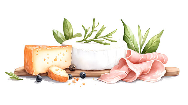 watercolor cheese and meat platter on wooden board clip art preview