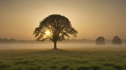 Golden sunrise over a mistcovered meadow with a solitary tree in the center