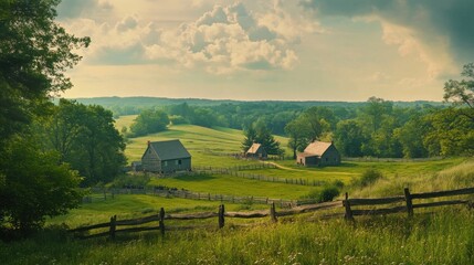 A serene view of the historic Minuteman National Park landscape during the golden hour showcasing lush greenery and rustic buildings