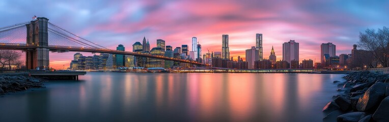 Obraz premium Stunning sunset view of historic Brooklyn with skyline and bridge illuminated by vibrant colors over the water