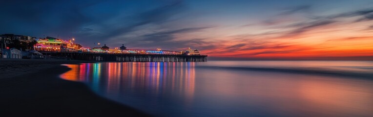 Obraz premium A stunning sunset view of Santa Monica Pier with vibrant lights reflecting on the calm ocean waters during twilight