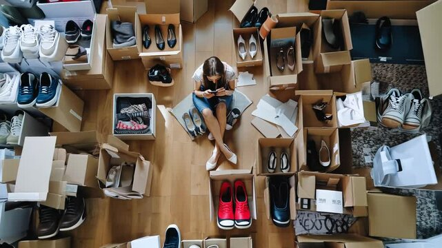 Woman surrounded by shoes and boxes examines shoe options in cozy room, tidies up, declutters shoe boxes
