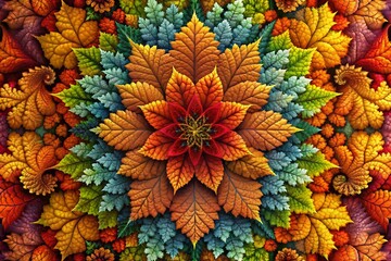 Fototapeta premium Stunning Autumn Leaves Fractal Abstract Background - Nature's Kaleidoscope of Colors in Drone Photography, Vibrant Fall Foliage Patterns, Aerial View, Artistic Natural Design, Seasonal Beauty