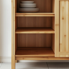Fototapeta premium A part of a kitchen interior design with shelves made of light birch in a cabinet for storing dishes and assorted utensils. Pile of plates
