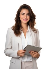 Young modern business woman looking at the tablet screen while working computer portrait smile.