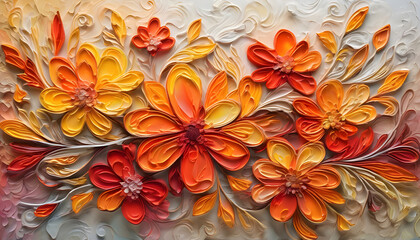 Fototapeta premium The background is a mix of bright colors, gradating from red to orange and yellow, with detailed floral patterns, creating a sense of brightness and liveliness.