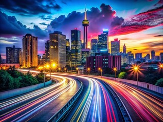 Fototapeta premium Stunning City Night Lights with Traffic Trails - Urban Silhouettes, Night Photography, Cityscape, Long Exposure, Modern Architecture, Illuminated 