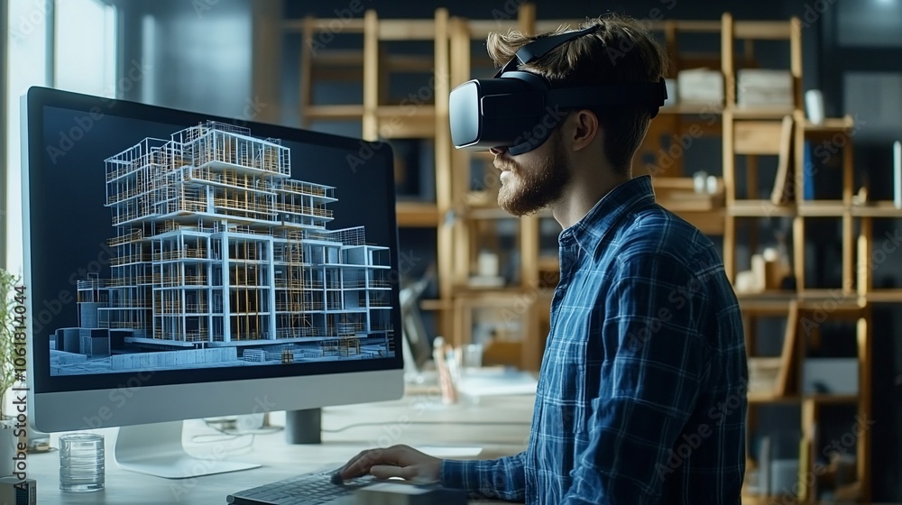 Aufkleber A man wearing VR headset looking at a 3D model of a building on the computer screen in a modern office.