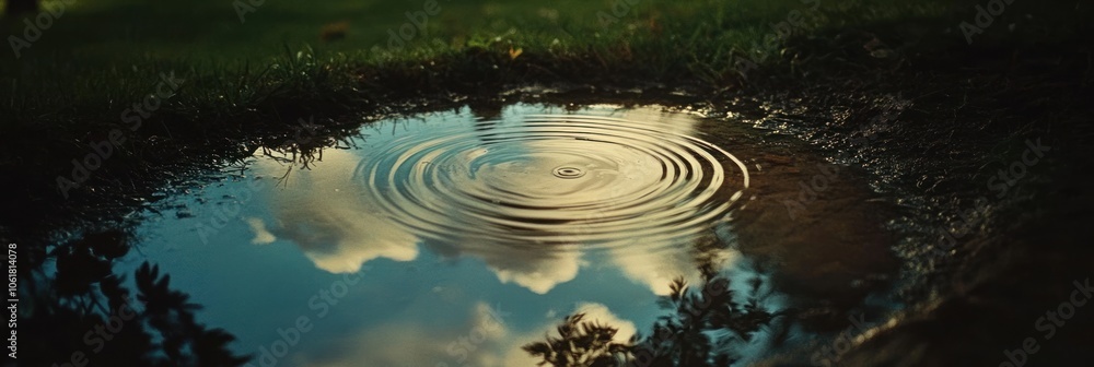 Poster a small puddle with ripples in the center and a reflection of clouds in the water.