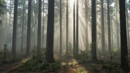 Sunlight breaking through mist in a dense pine forest