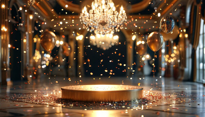 Obraz premium product display podium metallic gold, luxurious ballroom decorated for a New Year’s Eve gala, Crystal chandeliers hang overhead, warm glow, balloons, confetti, ad, podium platform, product present
