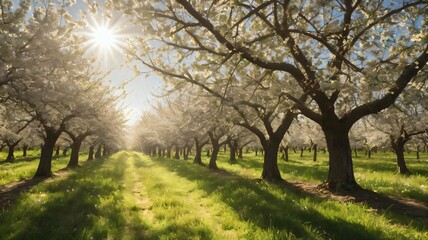 Obraz premium Sunlight streaming through an orchard in full bloom