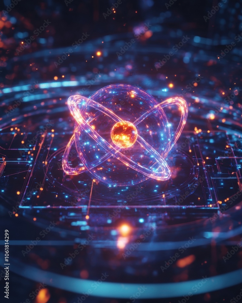 Poster A dynamic atomic model depicting an electron orbiting around a nucleus with vibrant colors and intricate details