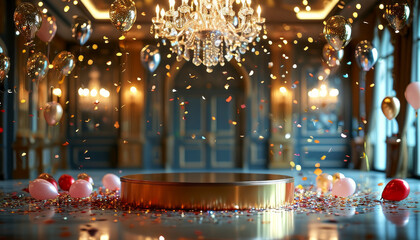 Obraz premium product display podium metallic gold, luxurious ballroom decorated for a New Year’s Eve gala, Crystal chandeliers hang overhead, warm glow, balloons, confetti, ad, podium platform, product present
