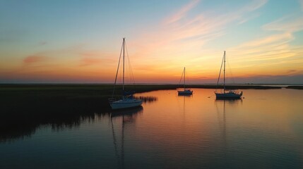 A serene dusk view of Mobile Bay featuring sailboats gently anchored in calm waters under a breathtaking sunset