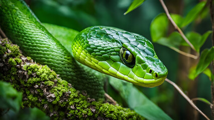 A green snake is on a leafy branch