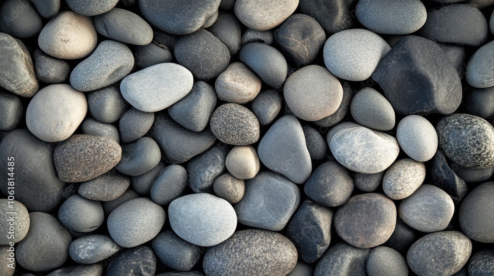 Poster Smooth pebbles of various shapes and sizes create a serene and textured backdrop in a natural setting