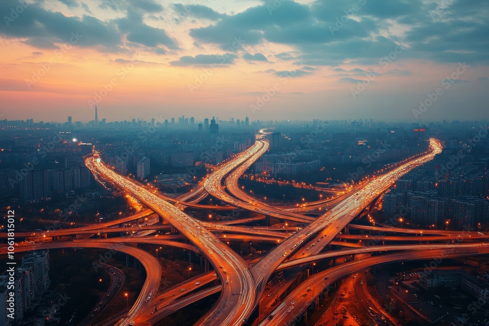 Poster aerial view of a bustling highway interchange at twilight showcasing busy traffic and city skyline i