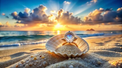 Obraz premium Stunning Engagement Diamond Ring in Open Seashell on Serene Beach with Ocean View - Romantic Beach Proposal Idea, Nature's Beauty, and Elegant Jewelry Display