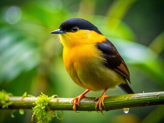 Fototapeta premium Stunning Goldencollared Manakin in Lush Tropical Habitat, Capturing the Beauty of Colombia and Panama's Biodiversity with Black and Yellow Plumage in Natural Forest Setting