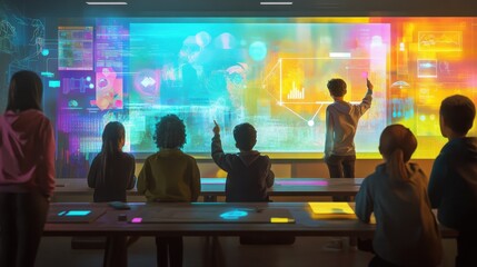 A vibrant classroom filled with engaged students learning through interactive technology during a creative lesson on data visualization