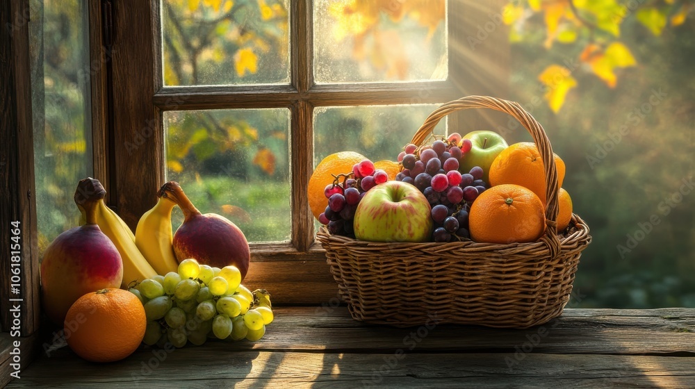 Poster a wicker basket overflowing with vibrant fruits beside a window reflecting golden autumn light in a 