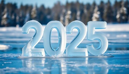The numbers "2025" formed out of transparent glass on a snowy background, with light reflections and a gentle overlay of frost, creating a sleek and modern winter look 