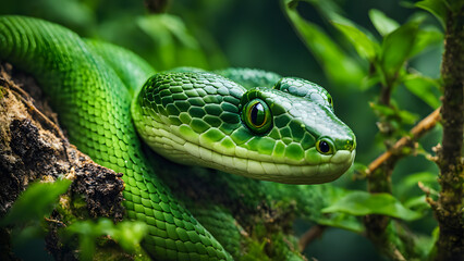 Obraz premium A green snake is on a branch