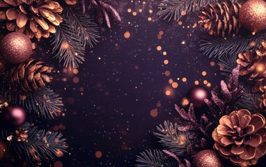 Christmas background with purple and copper decorations, pine cones, and glitter on a dark blue bokeh background. Christmas decoration for greeting card design or banner. Christmas concept. New Year