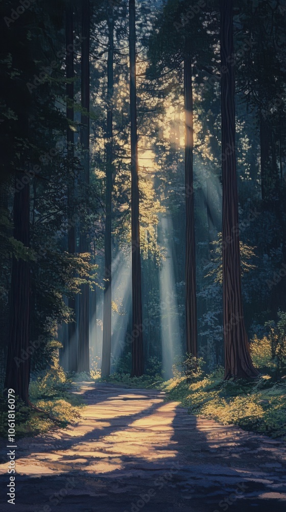 Poster Twilight tranquility in a serene redwood grove illuminated by soft golden light filtering through the trees